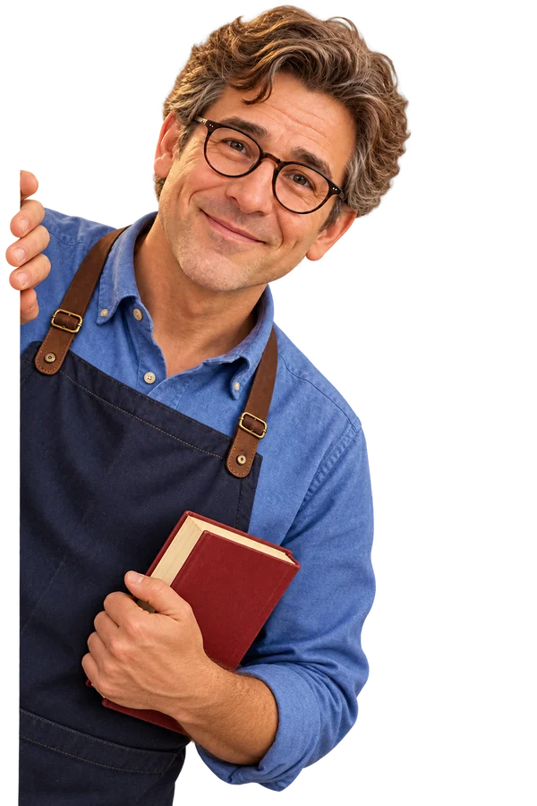Sam kijkt rechts om de hoek met een boek