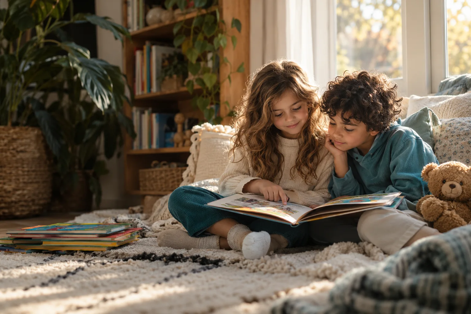Twee kinderen lezen samen in een warme leeshoek, tussen zachte kussens en kleurrijke boeken